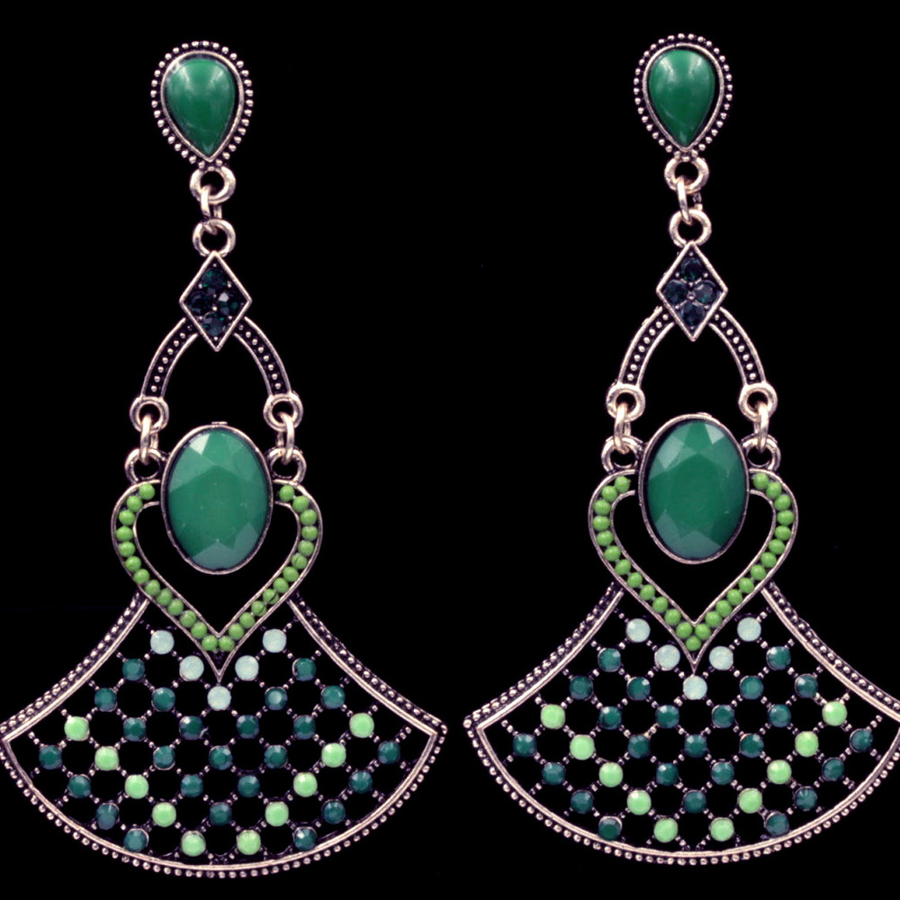 Green Ethnic Bib Dangle Earrings